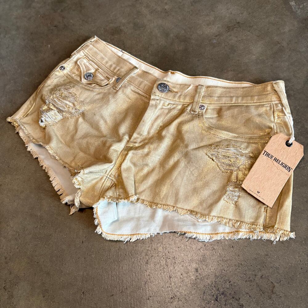 New True Religion Mini Shorts Women's Gold Joey Cut off Sz 27